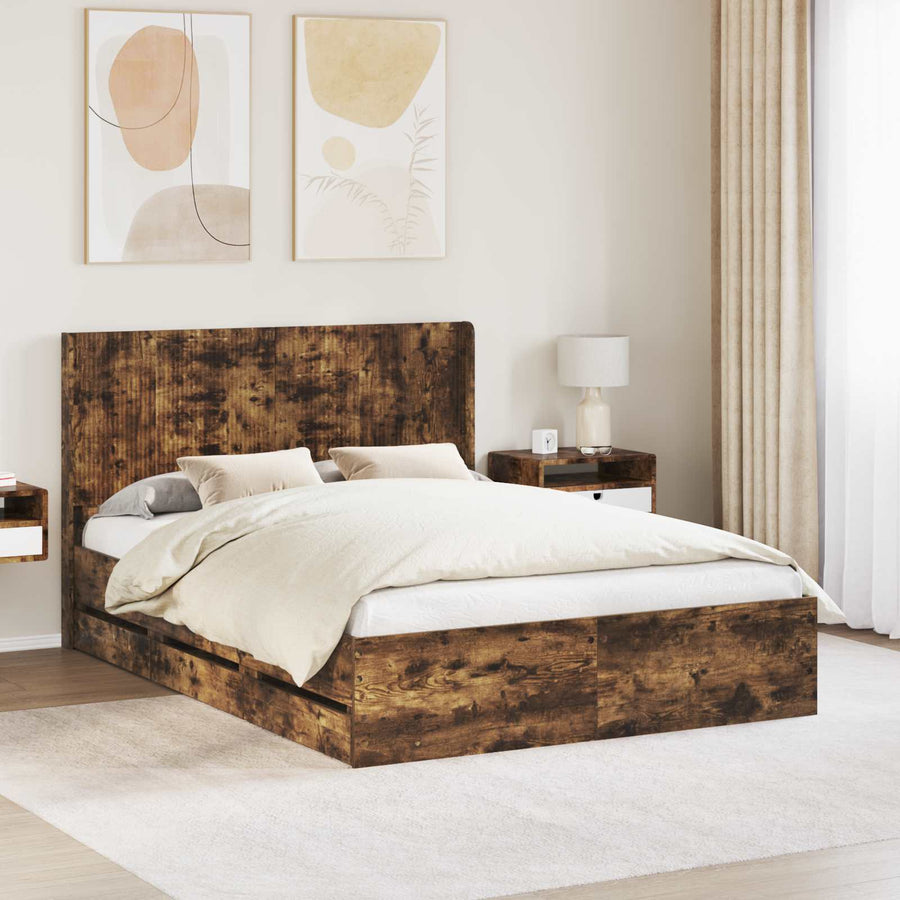 Bedframe met opbergruimte en hoofdbord met lade Gerookt eiken