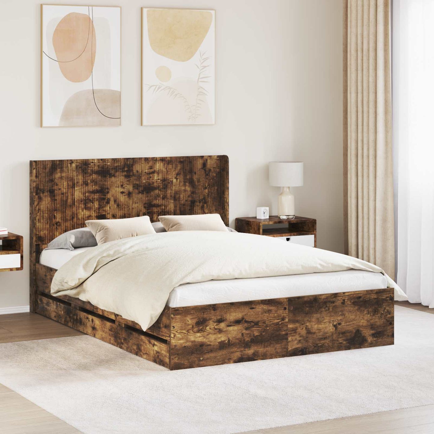 Bedframe met opbergruimte en hoofdbord met lade Gerookt eiken