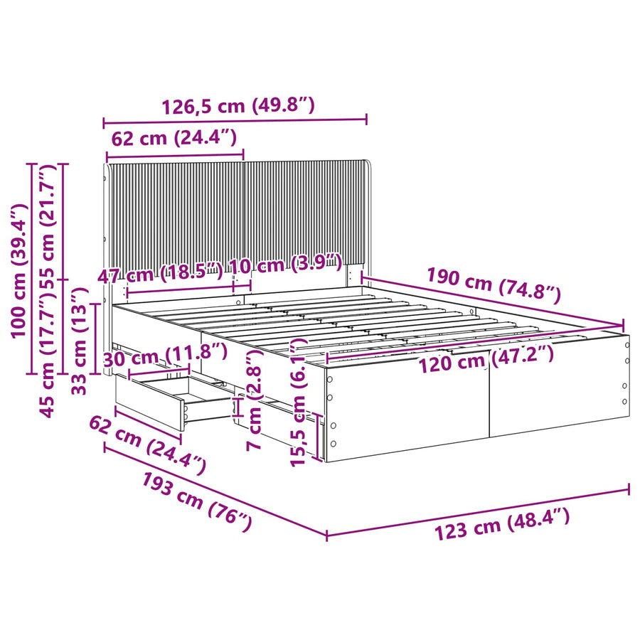 Bedframe met opbergruimte en hoofdbord met lade Gerookt eiken