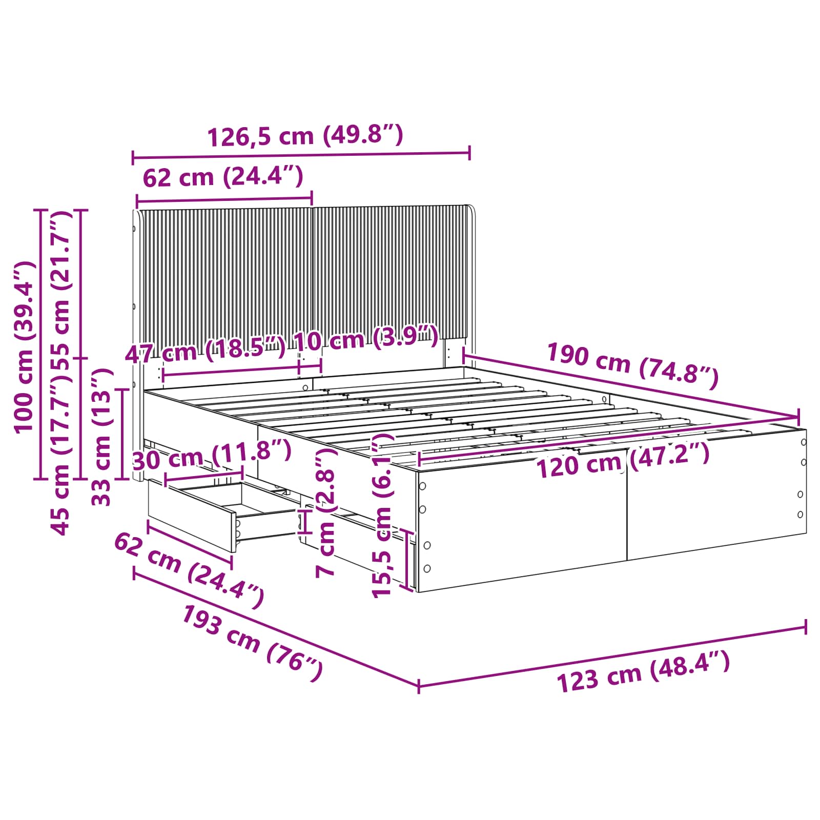 Bedframe met opbergruimte en hoofdbord met lade Grijs sonoma