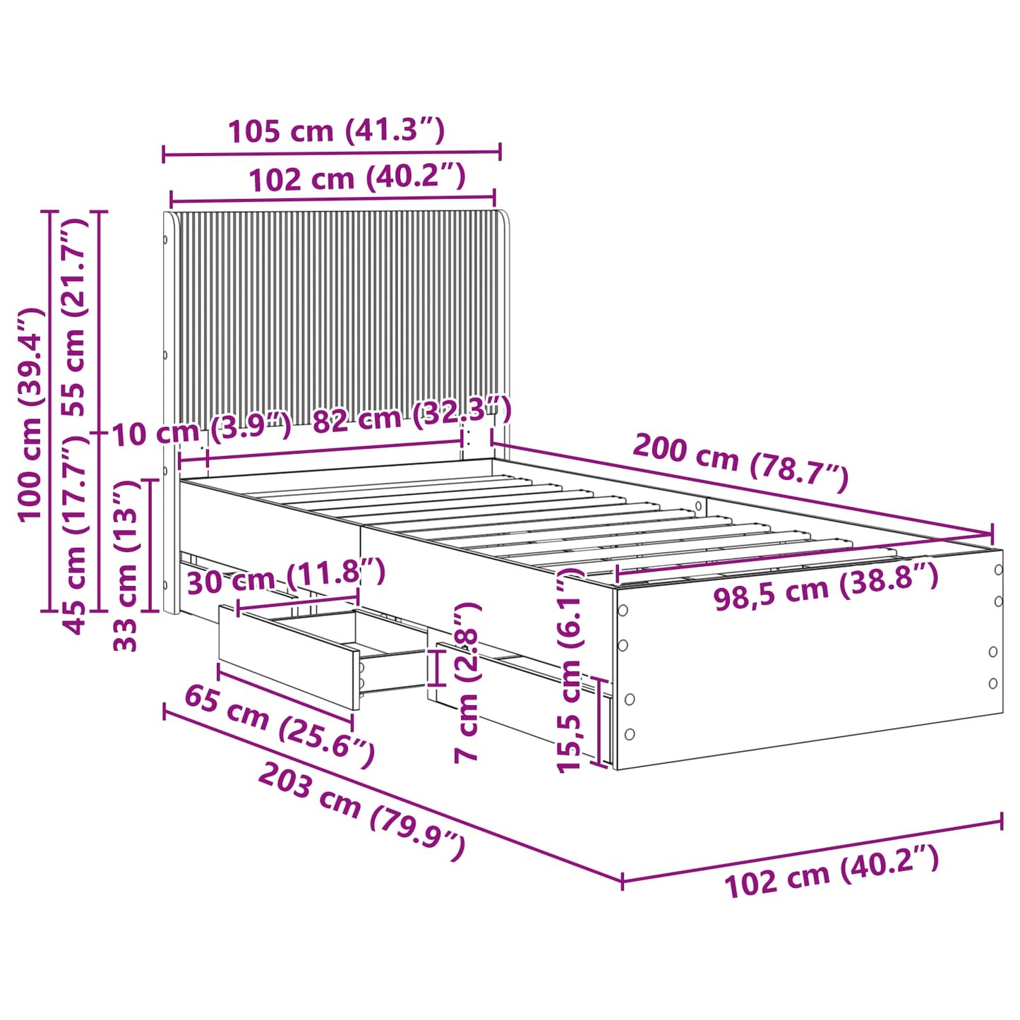 Bedframe met opbergruimte en hoofdbord Wit 100 x 200 cm