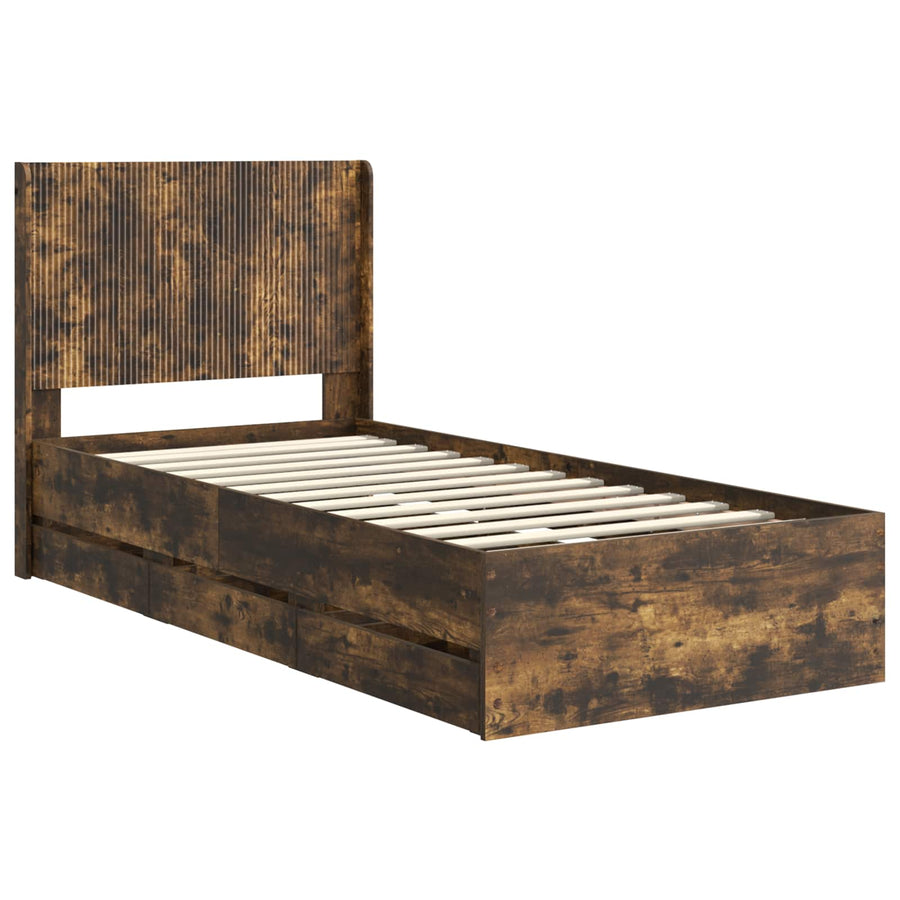 Bedframe met opbergruimte en hoofdbord met lade Gerookt eiken