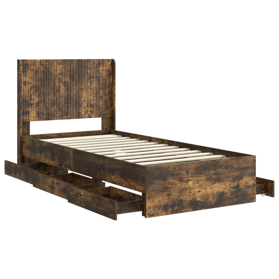 Bedframe met opbergruimte en hoofdbord met lade Gerookt eiken