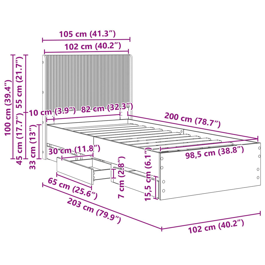 Bedframe met opbergruimte en hoofdbord met lade Gerookt eiken