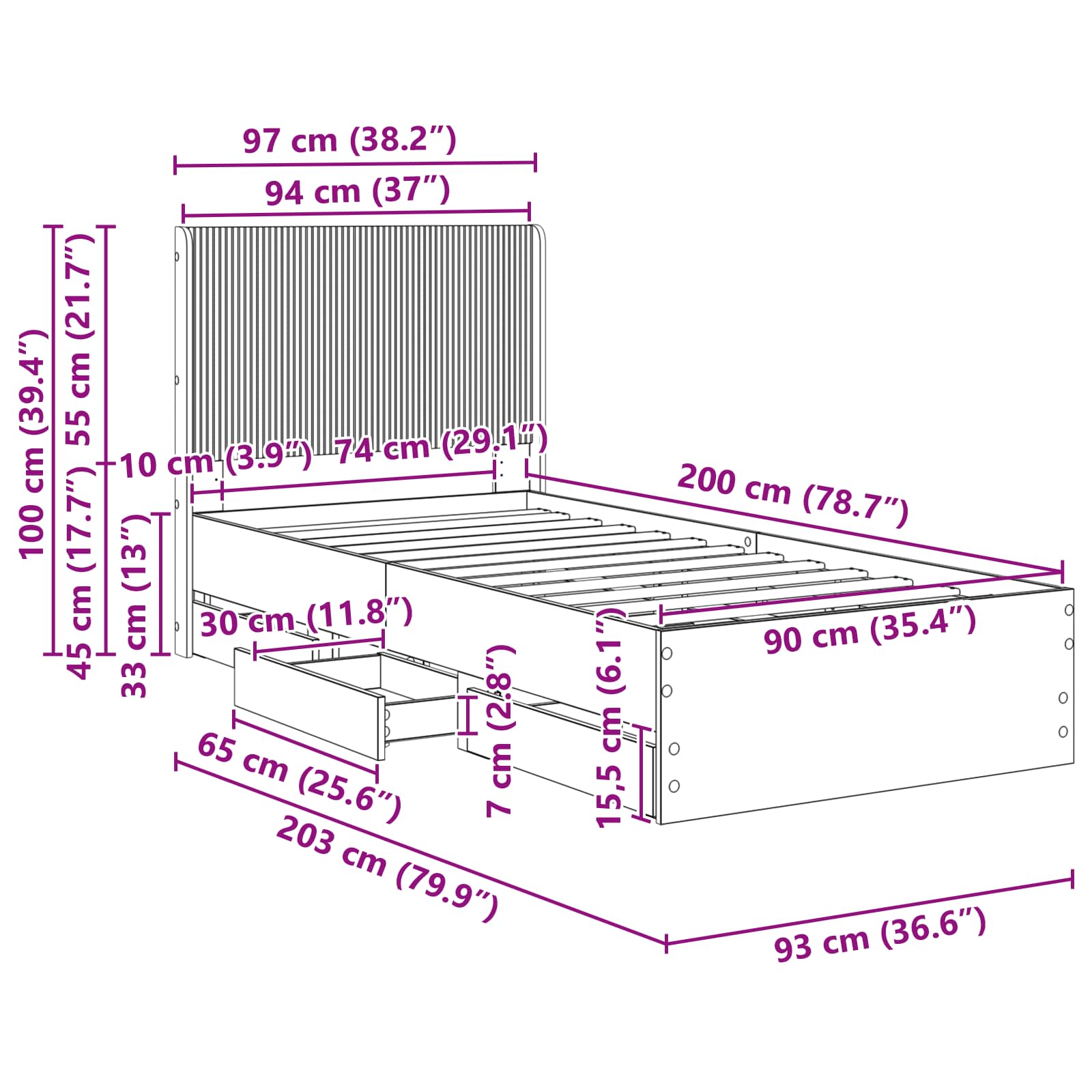 Bedframe met opbergruimte en hoofdbord Zwart 90 x 200 cm