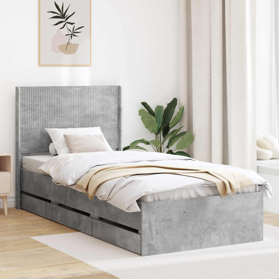 Bedframe met opbergruimte en hoofdbord Betongrijs 90 x 200 cm