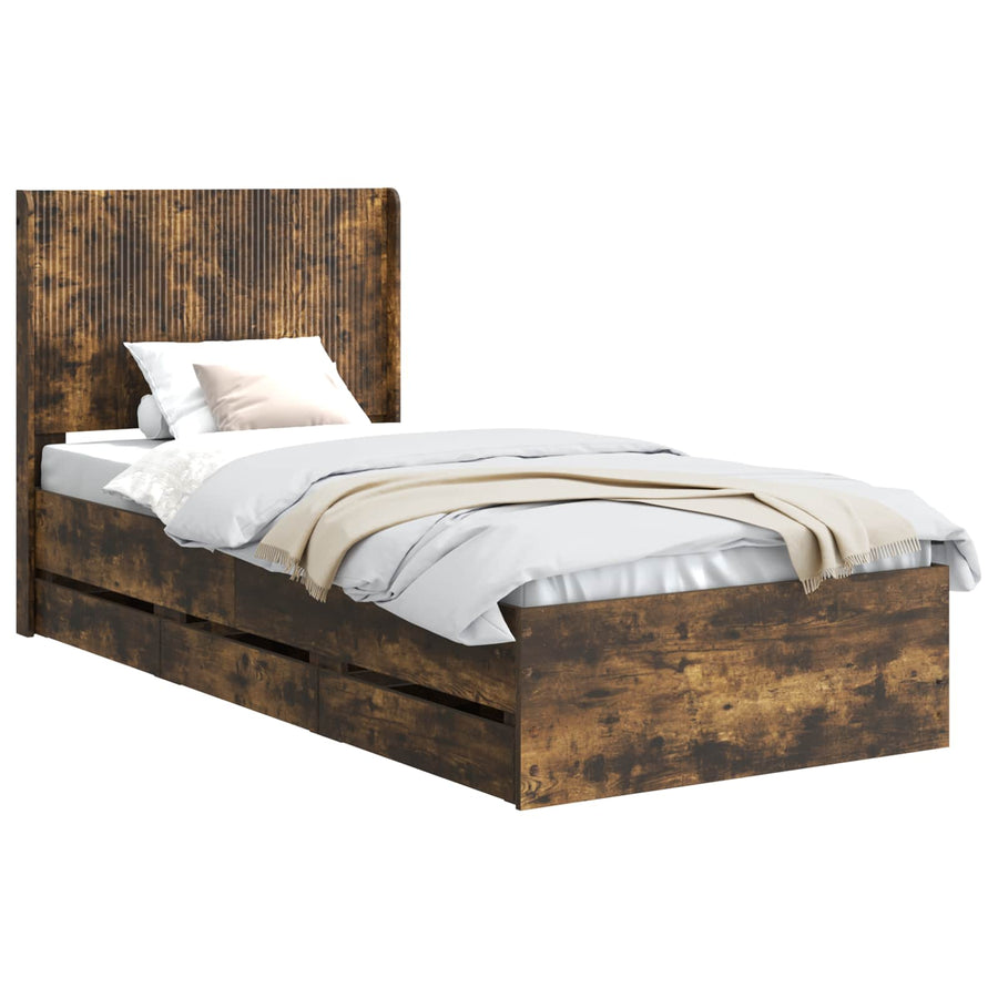 Bedframe met opbergruimte en hoofdbord met lade Gerookt eiken