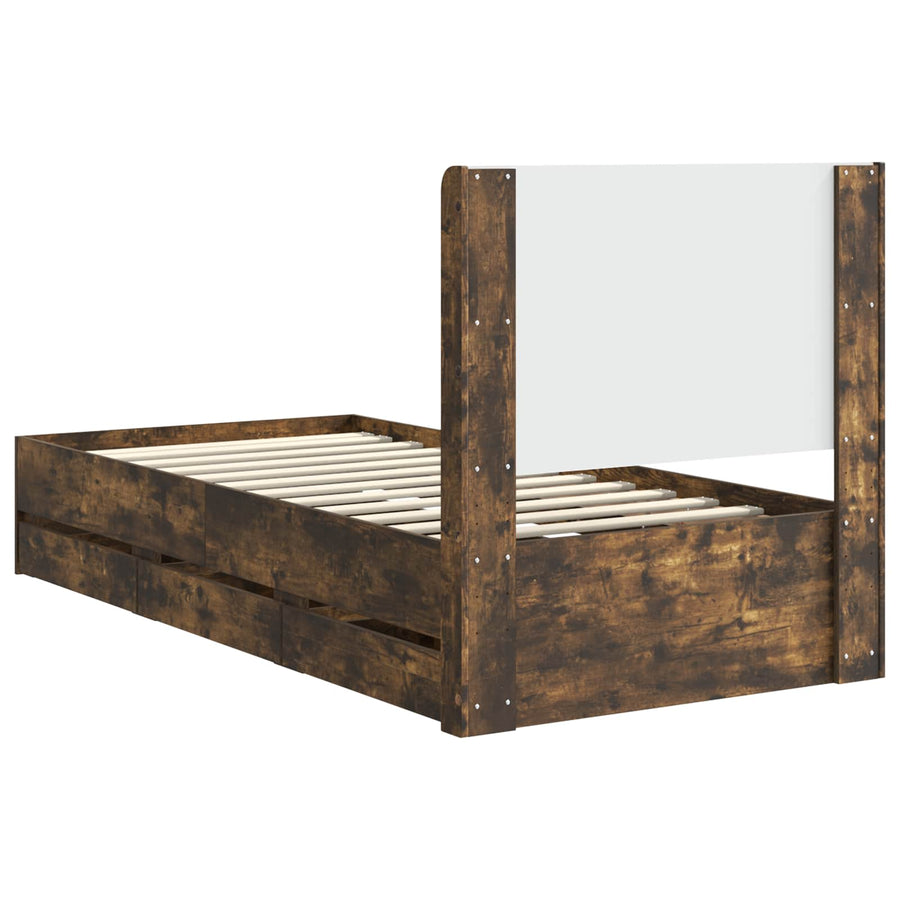 Bedframe met opbergruimte en hoofdbord met lade Gerookt eiken