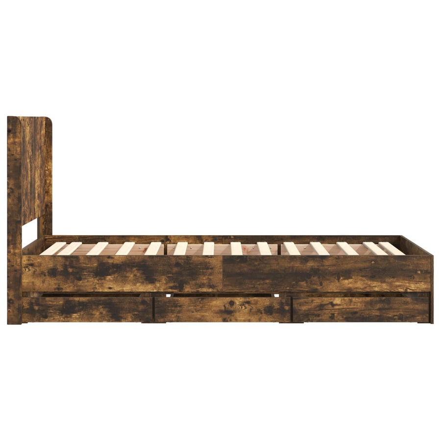 Bedframe met opbergruimte en hoofdbord met lade Gerookt eiken