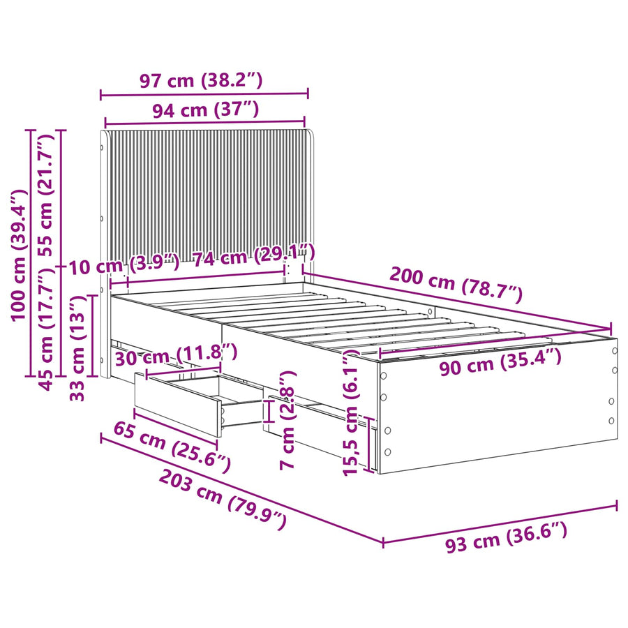 Bedframe met opbergruimte en hoofdbord met lade Gerookt eiken