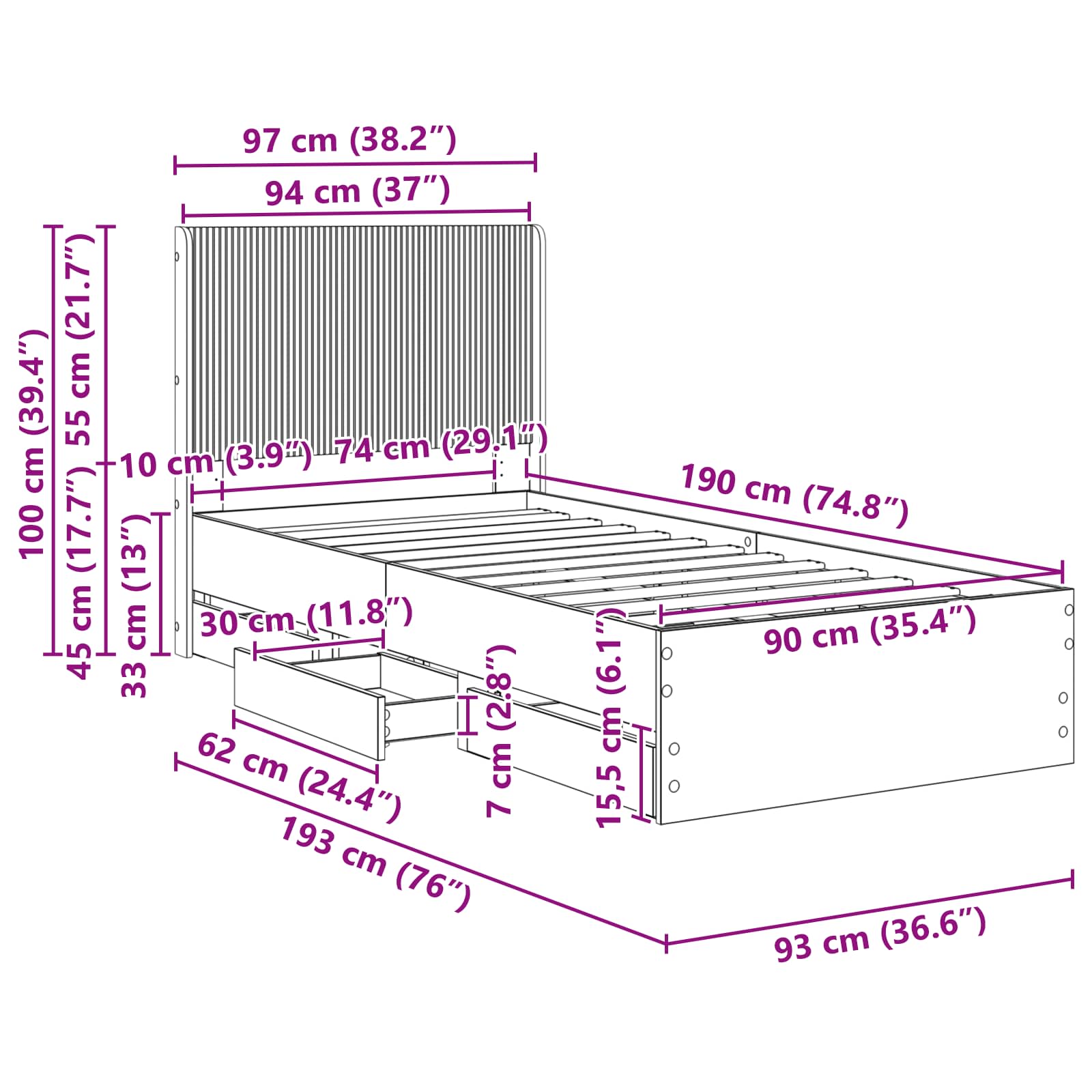 Bedframe met opbergruimte en hoofdbord met lade Wit 90 x 190 cm