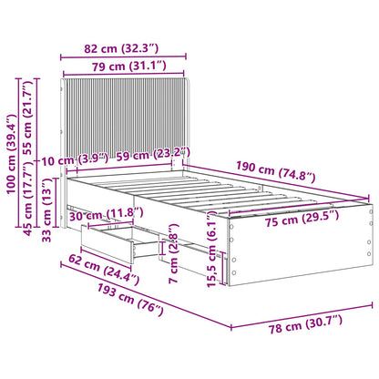 Bedframe met opbergruimte en hoofdbord Zwart 75 x 190 cm