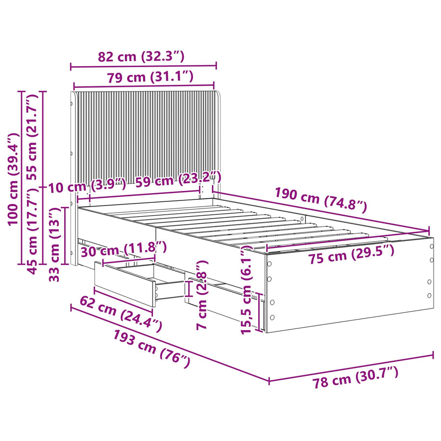Bedframe met opbergruimte en hoofdbord Zwart 75 x 190 cm