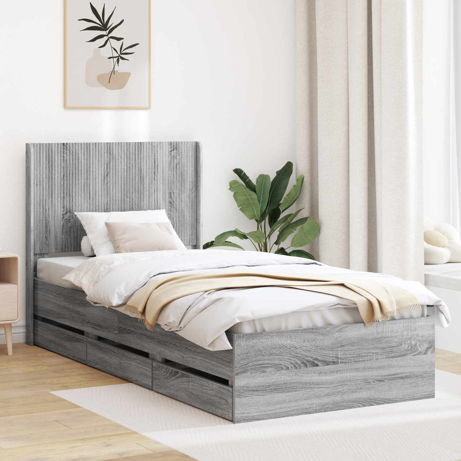 Bedframe met opbergruimte en hoofdbord Grijs sonoma 75 x 190 cm