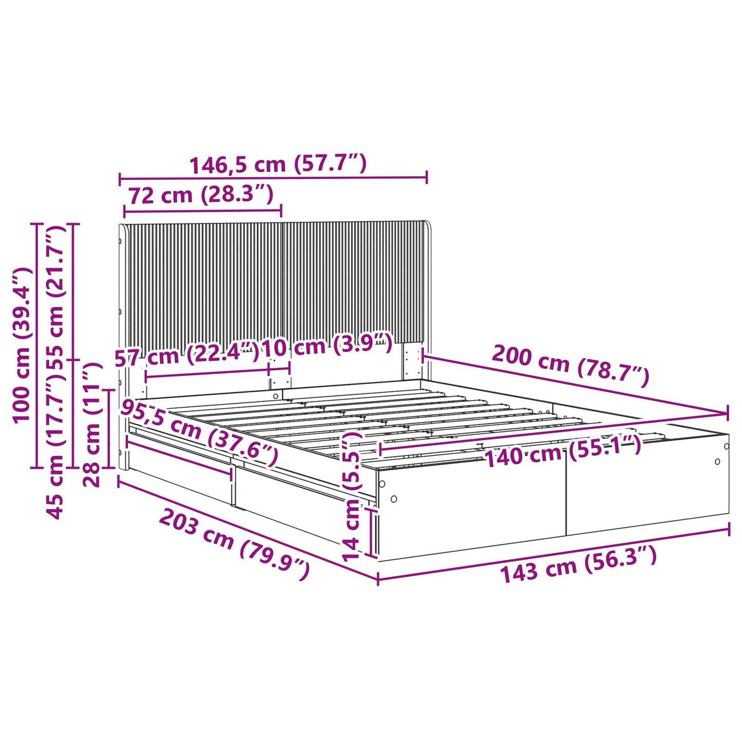 Bedframe met opbergruimte en hoofdbord 3 pcs Bewerkt hout