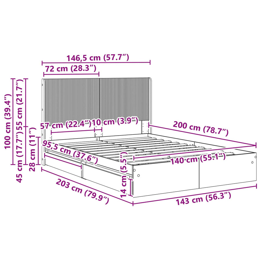 Bedframe met opbergruimte en hoofdbord 3 pcs Bewerkt hout