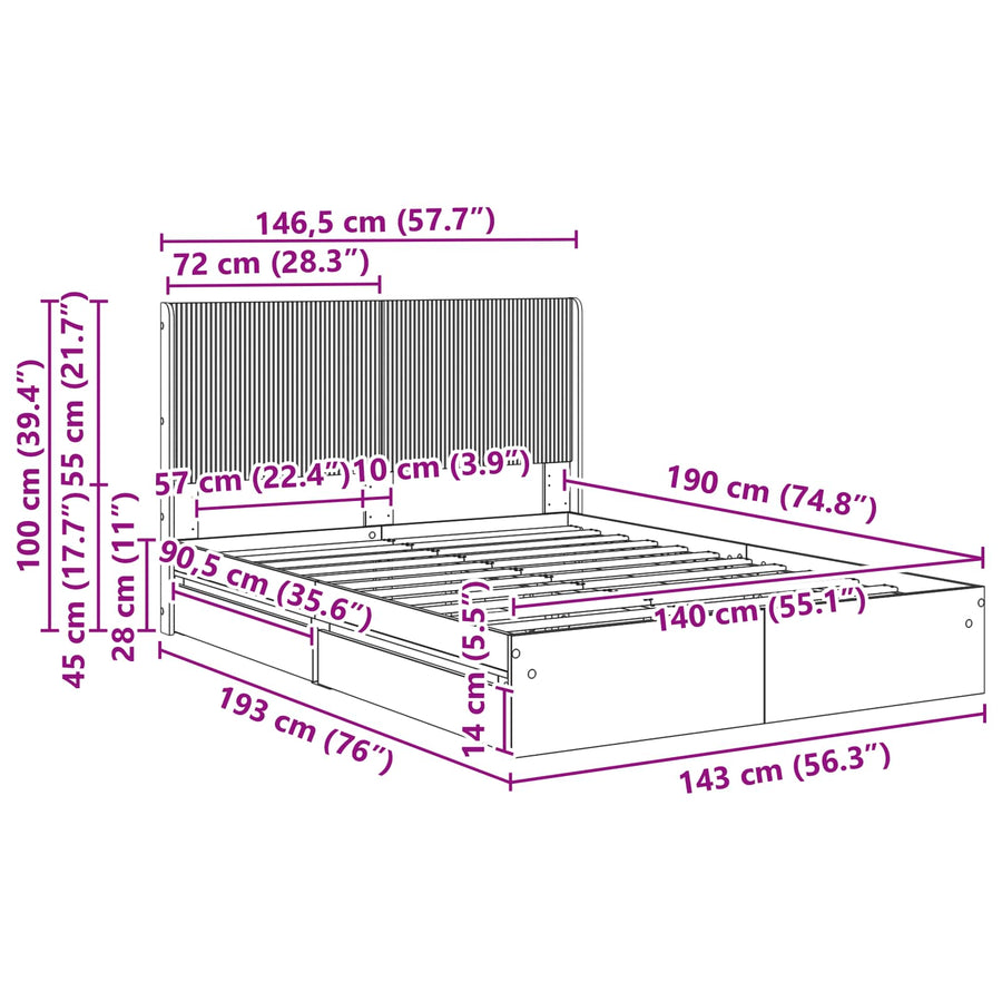 Bedframe met opbergruimte en hoofdbord 3 pcs Bewerkt hout