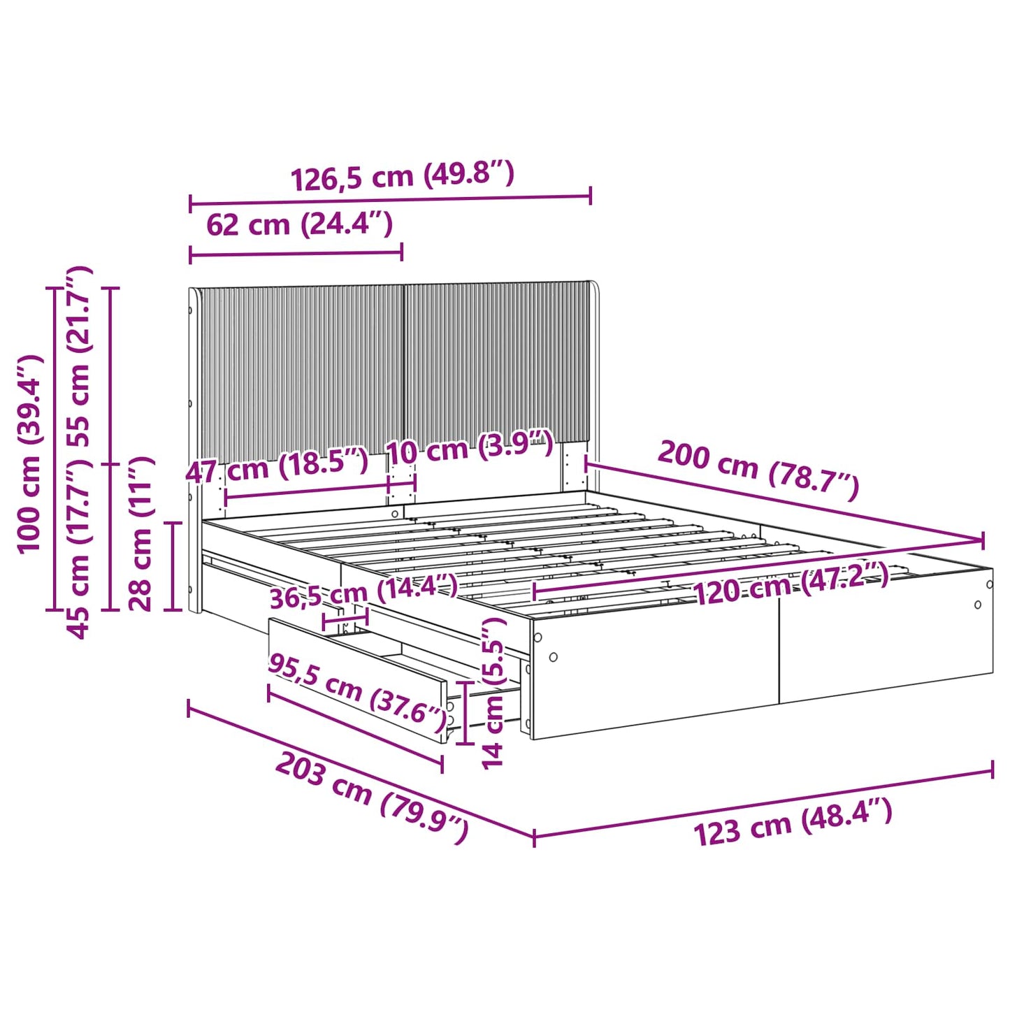 Bedframe met opbergruimte en hoofdbord Gerookt eiken