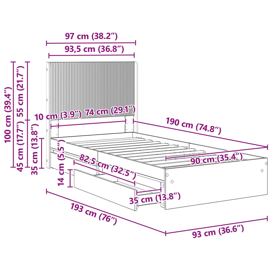 Bedframe met opbergruimte en hoofdbord Sonoma Eiken 90 x 200 cm