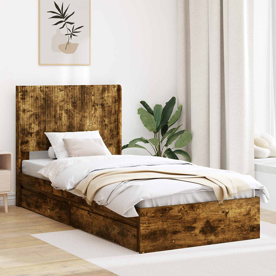 Bedframe met opbergruimte en hoofdbord Gerookt eiken