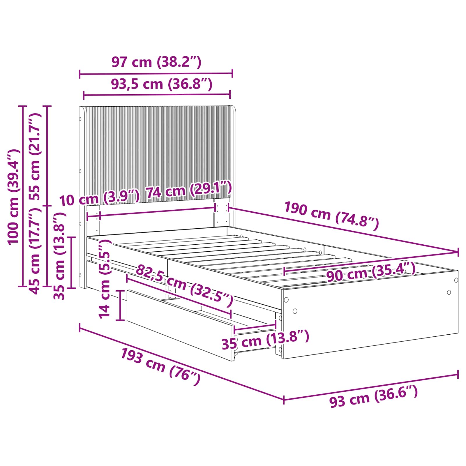 Bedframe met opbergruimte en hoofdbord 3 pcs Bewerkt hout