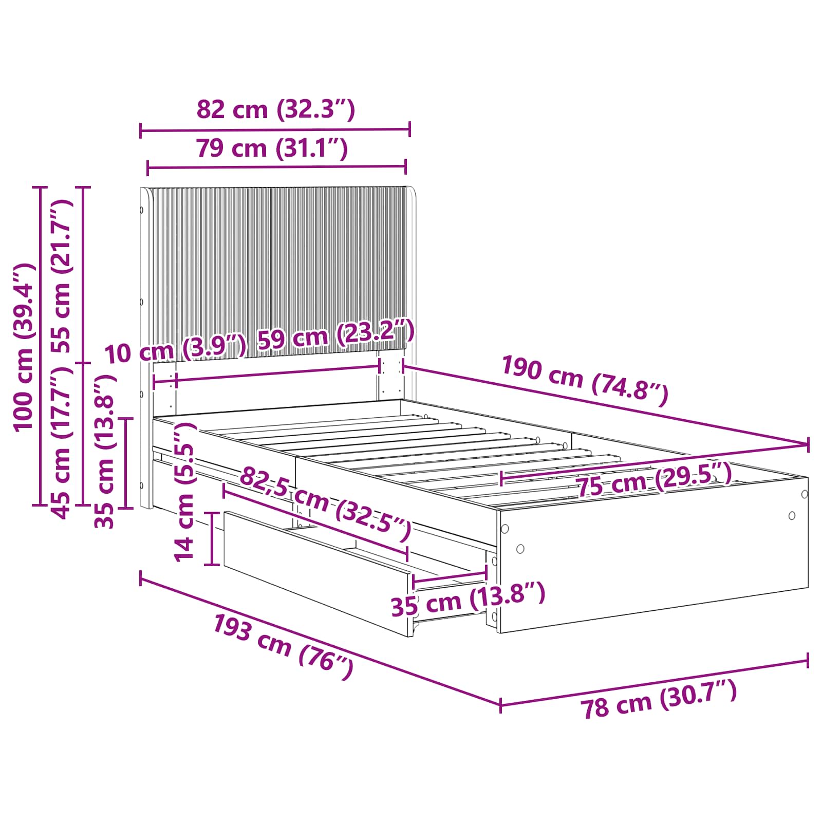 Bedframe met opbergruimte en hoofdbord Wit 75 x 190 cm