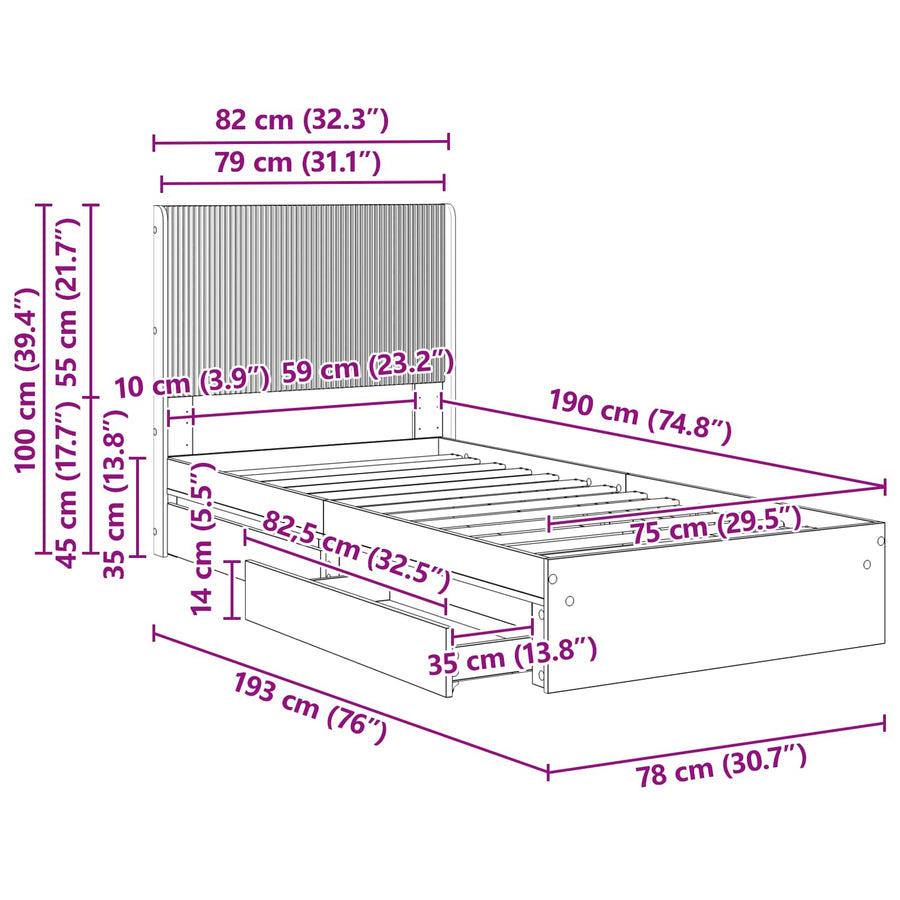 Bedframe met opbergruimte en hoofdbord Grijs Sonoma 75 x 190 cm