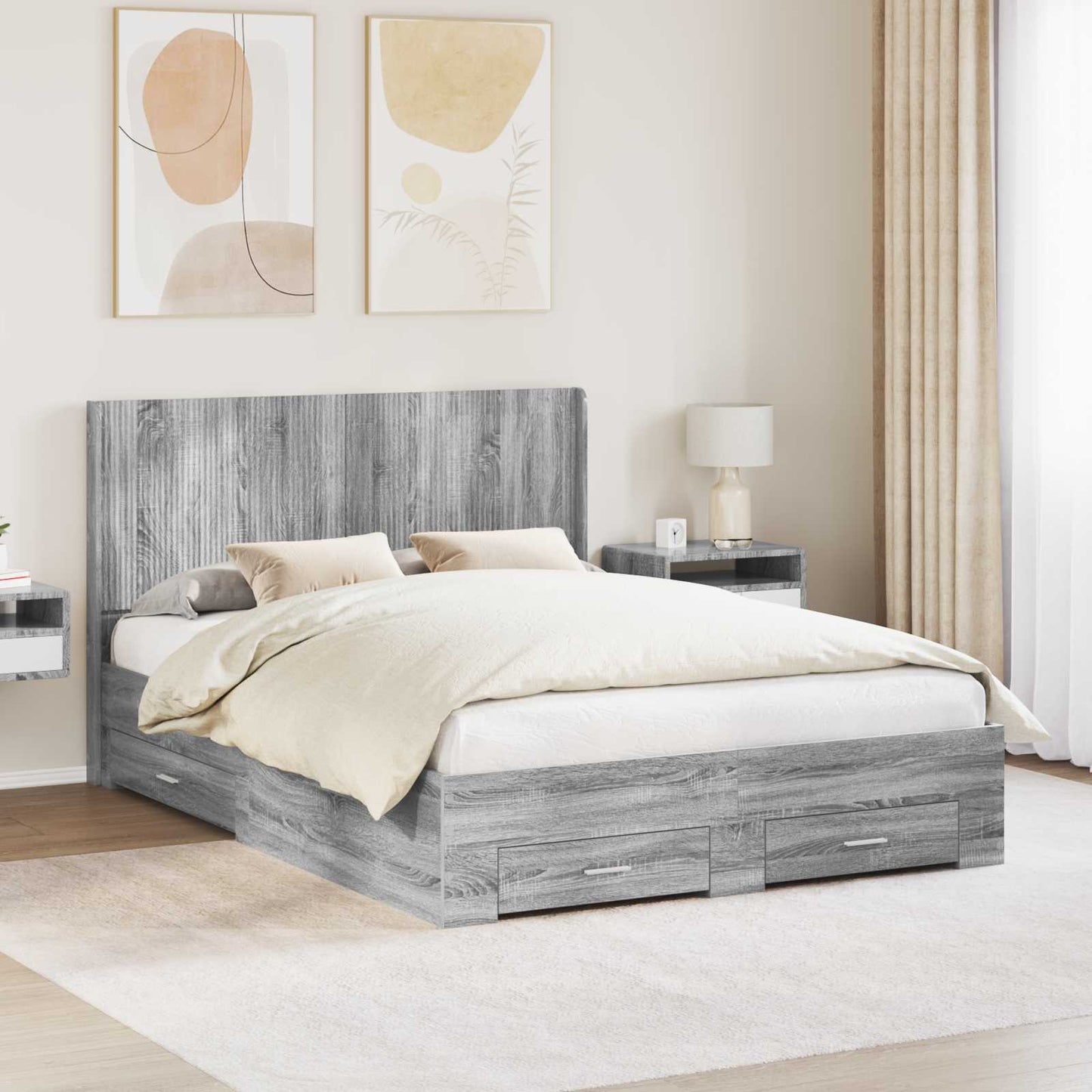 Bedframe met opbergruimte en hoofdbord Grijs Sonoma