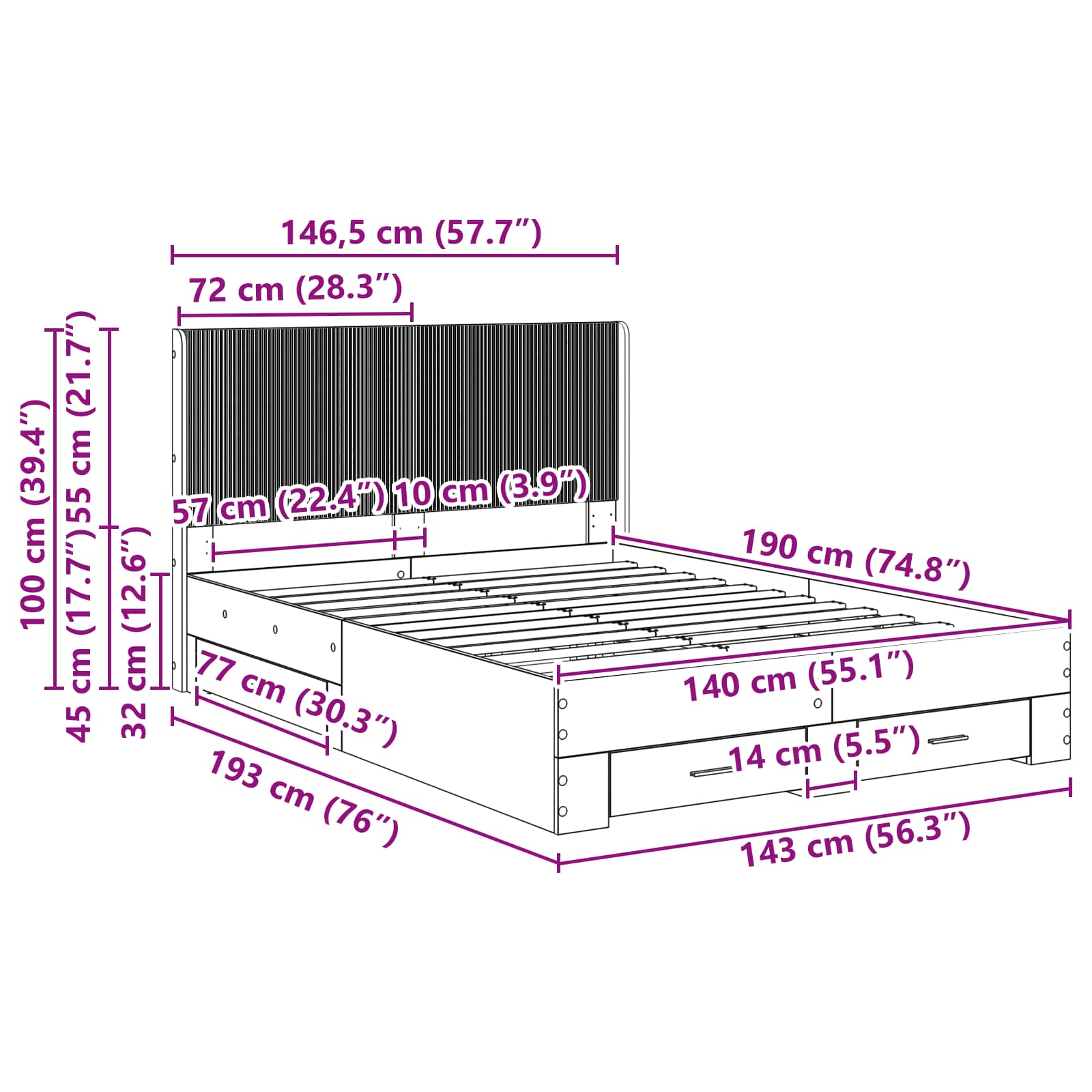 Bedframe met opbergruimte en hoofdbord Gerookt eiken