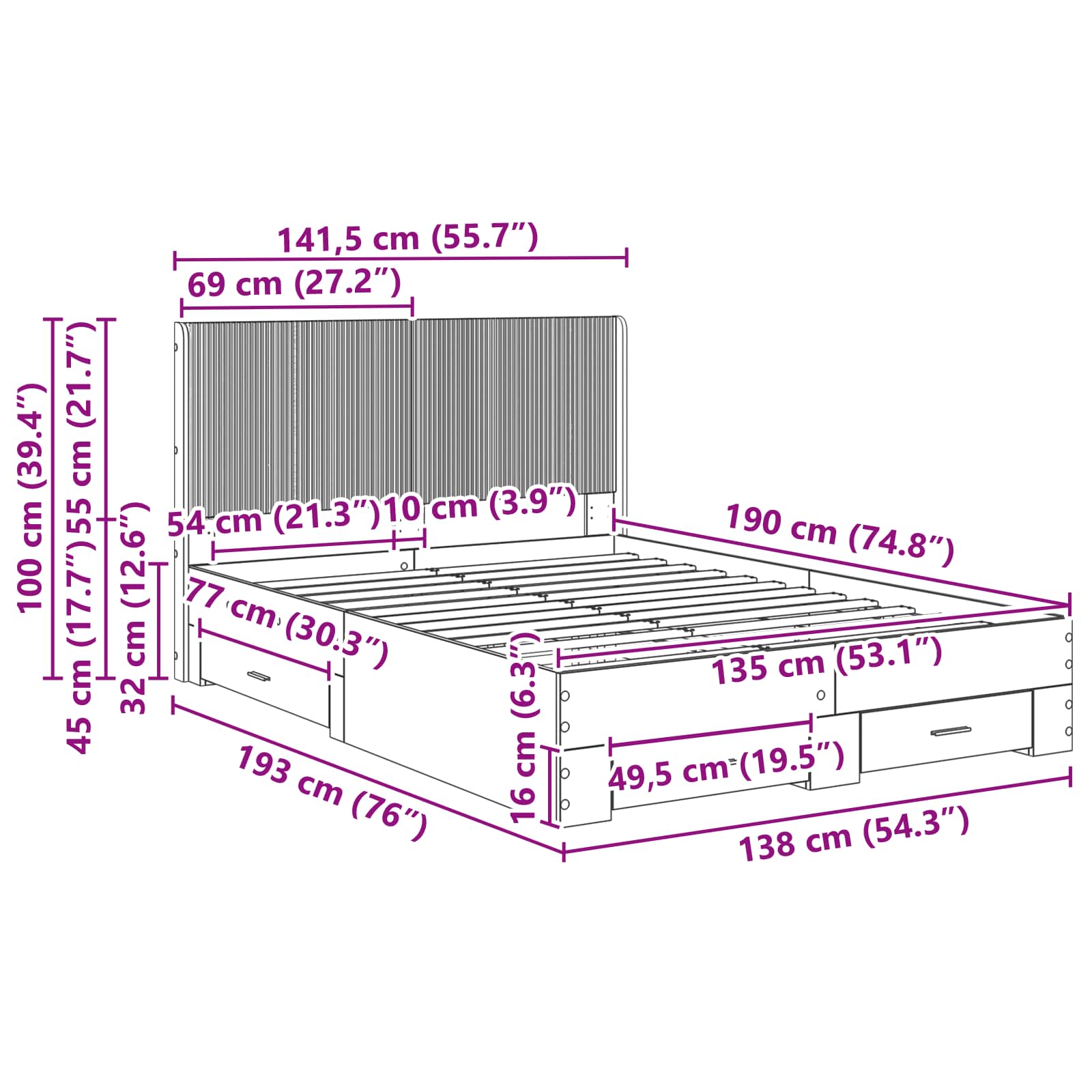 Bedframe met opbergruimte en hoofdbord Zwart 135 x 190 cm