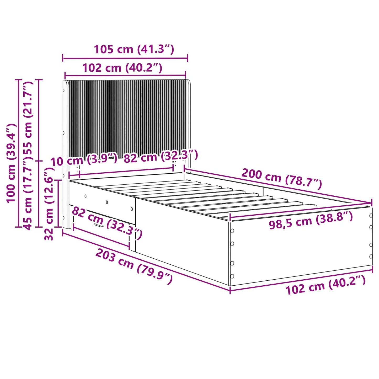Bedframe met opbergruimte en hoofdbord Gerookt eiken