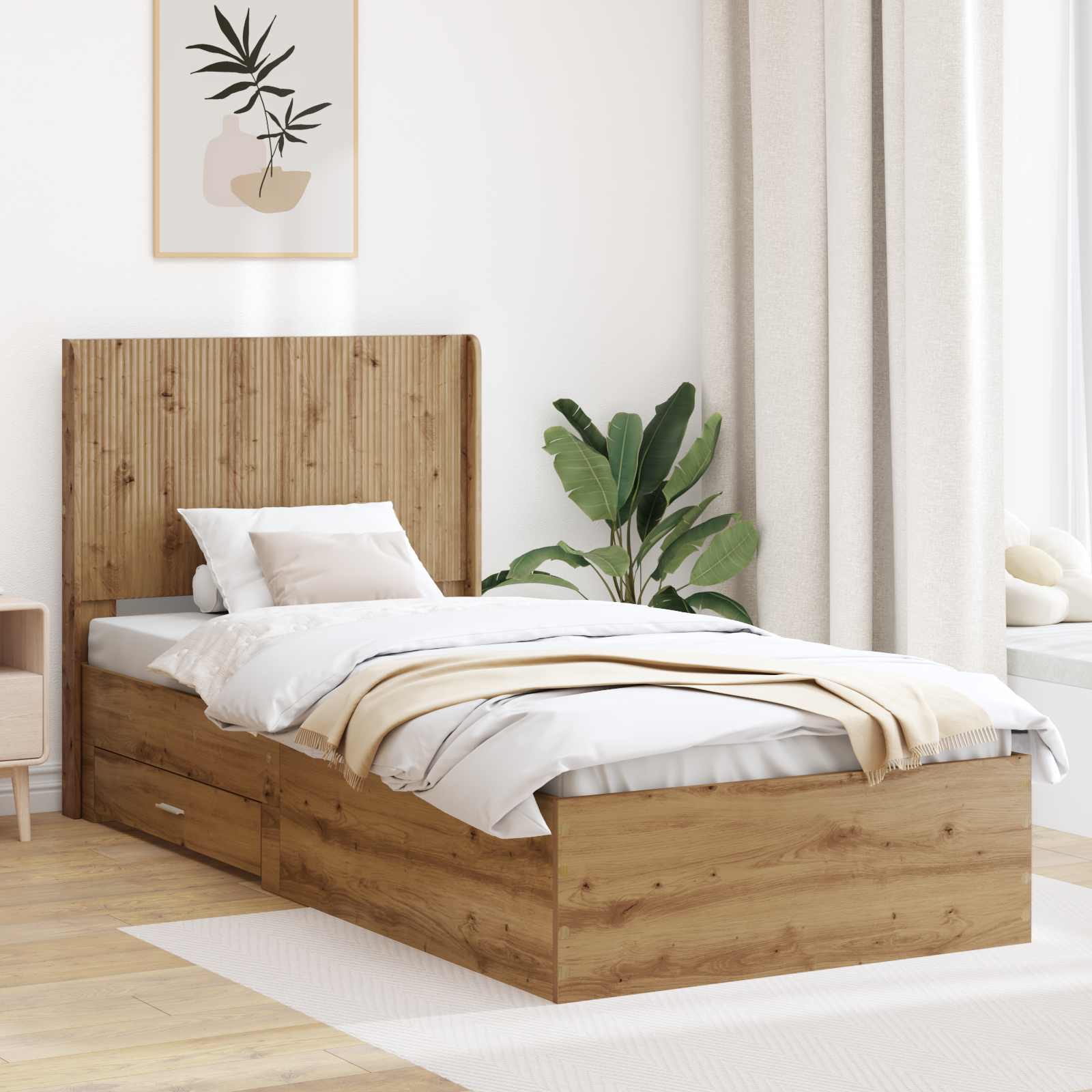 Bedframe met opbergruimte en hoofdbord Artisanaal eiken