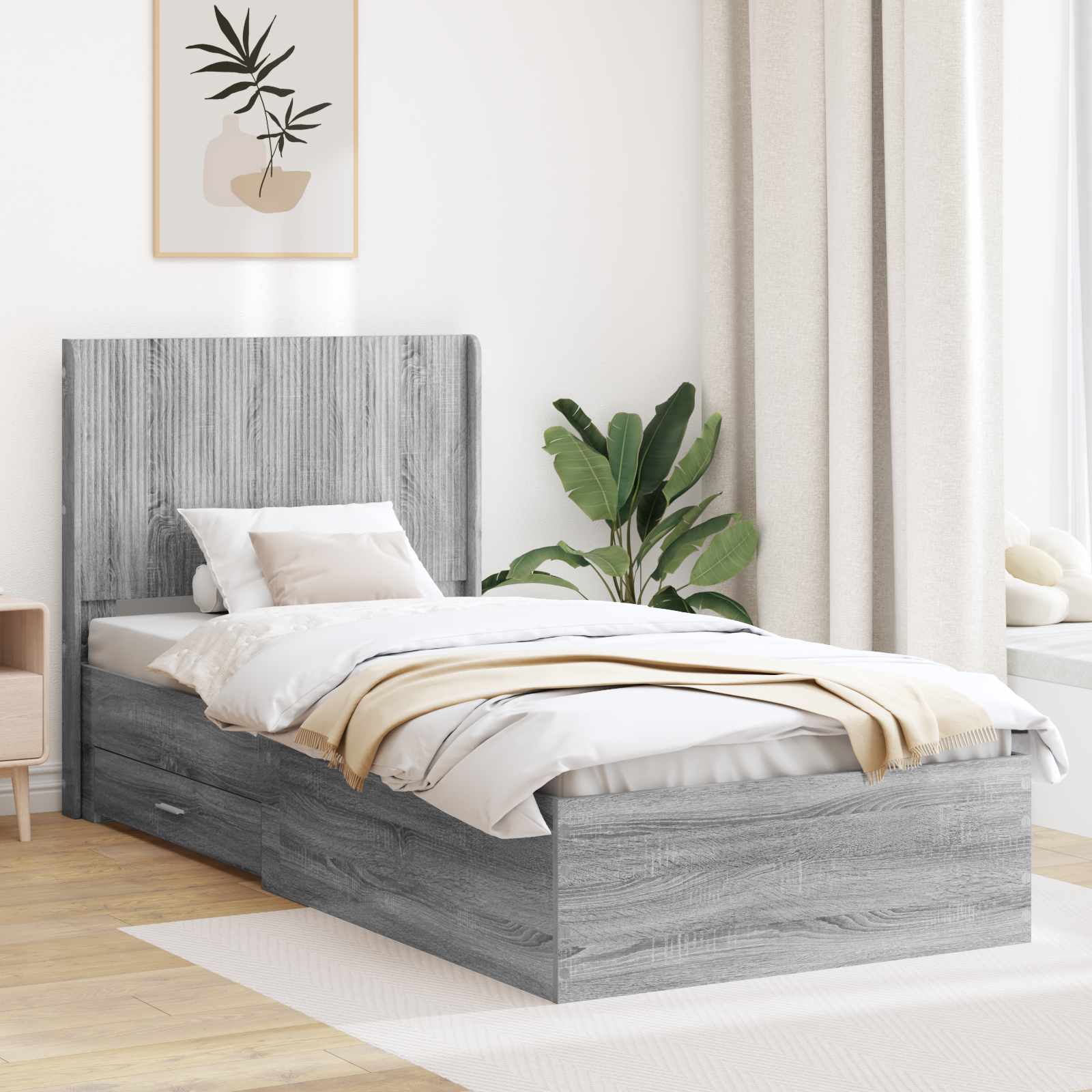 Bedframe met opbergruimte en hoofdbord Grijs Sonoma