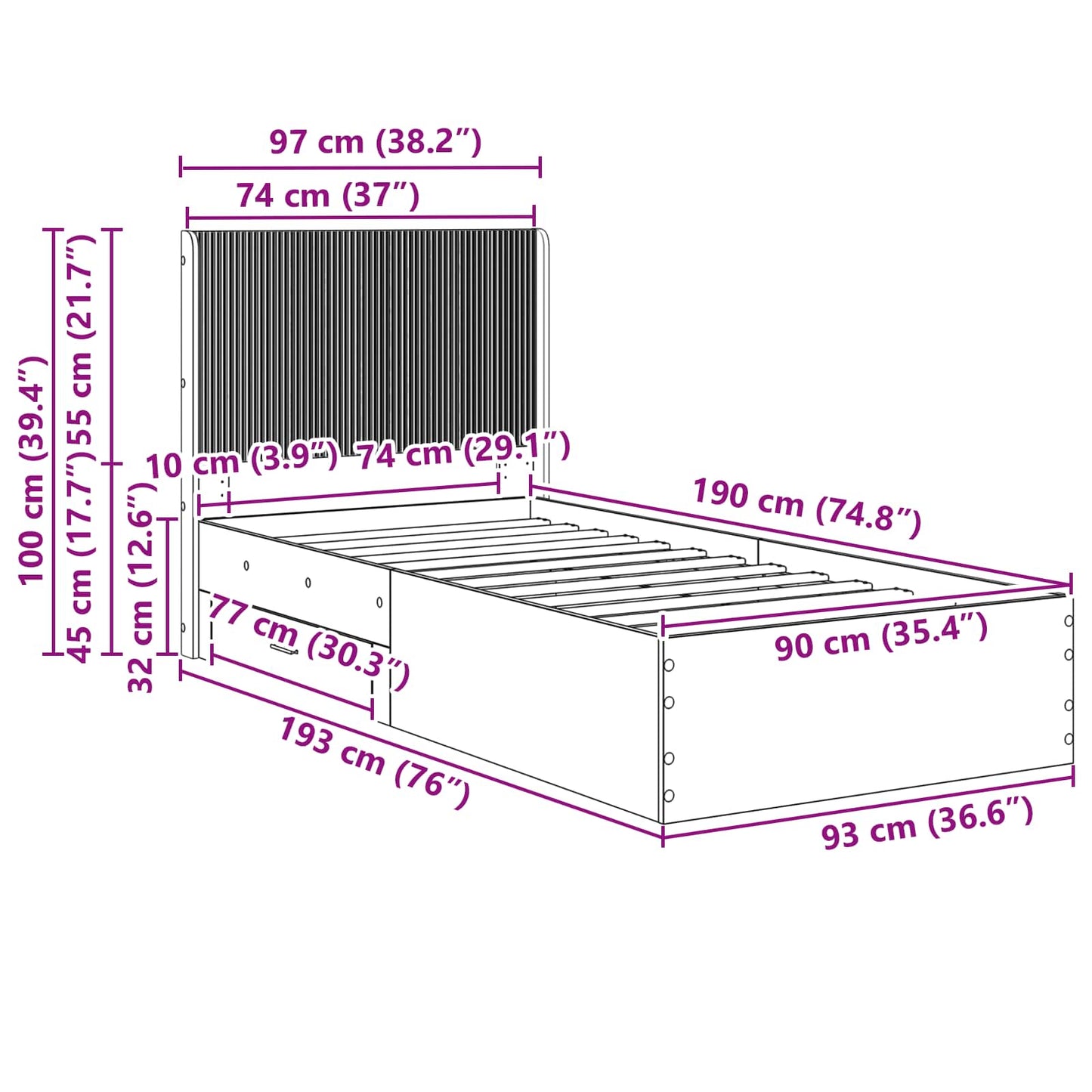 Bedframe met opbergruimte en hoofdbord Grijs Sonoma