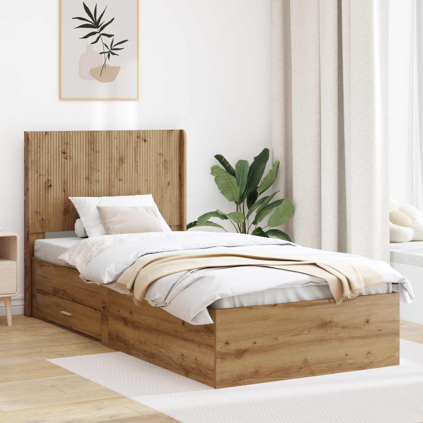 Bedframe met opbergruimte en hoofdbord Artisanaal eiken