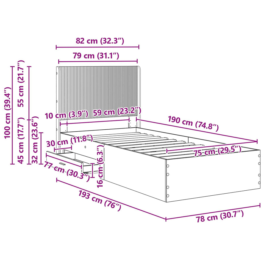 Bedframe met opbergruimte en hoofdbord Zwart 75 x 190 cm