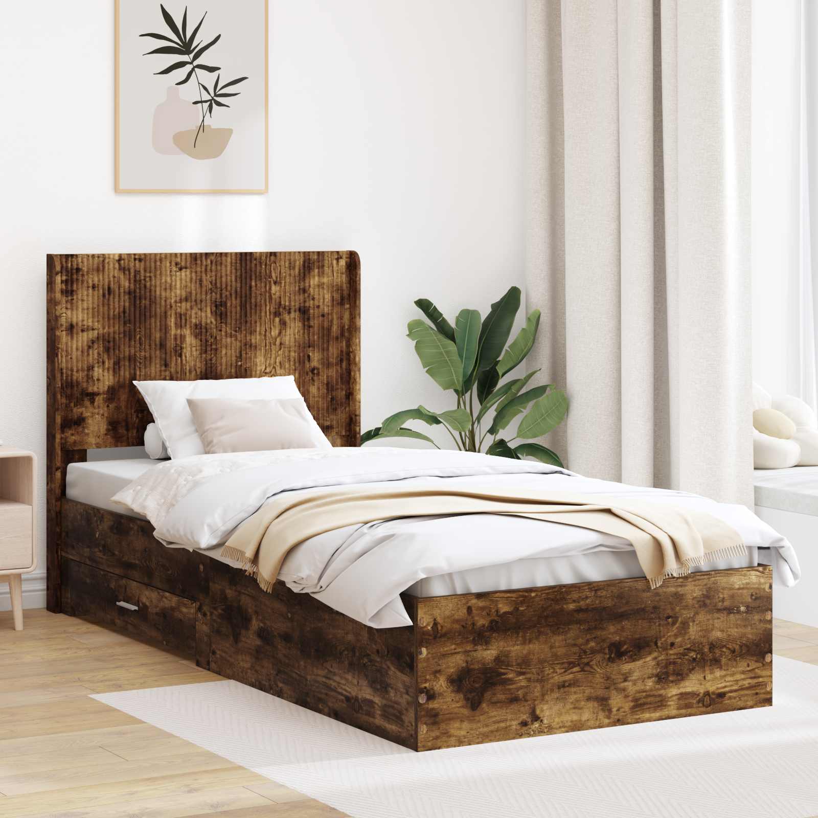 Bedframe met opbergruimte en hoofdbord Gerookt eiken