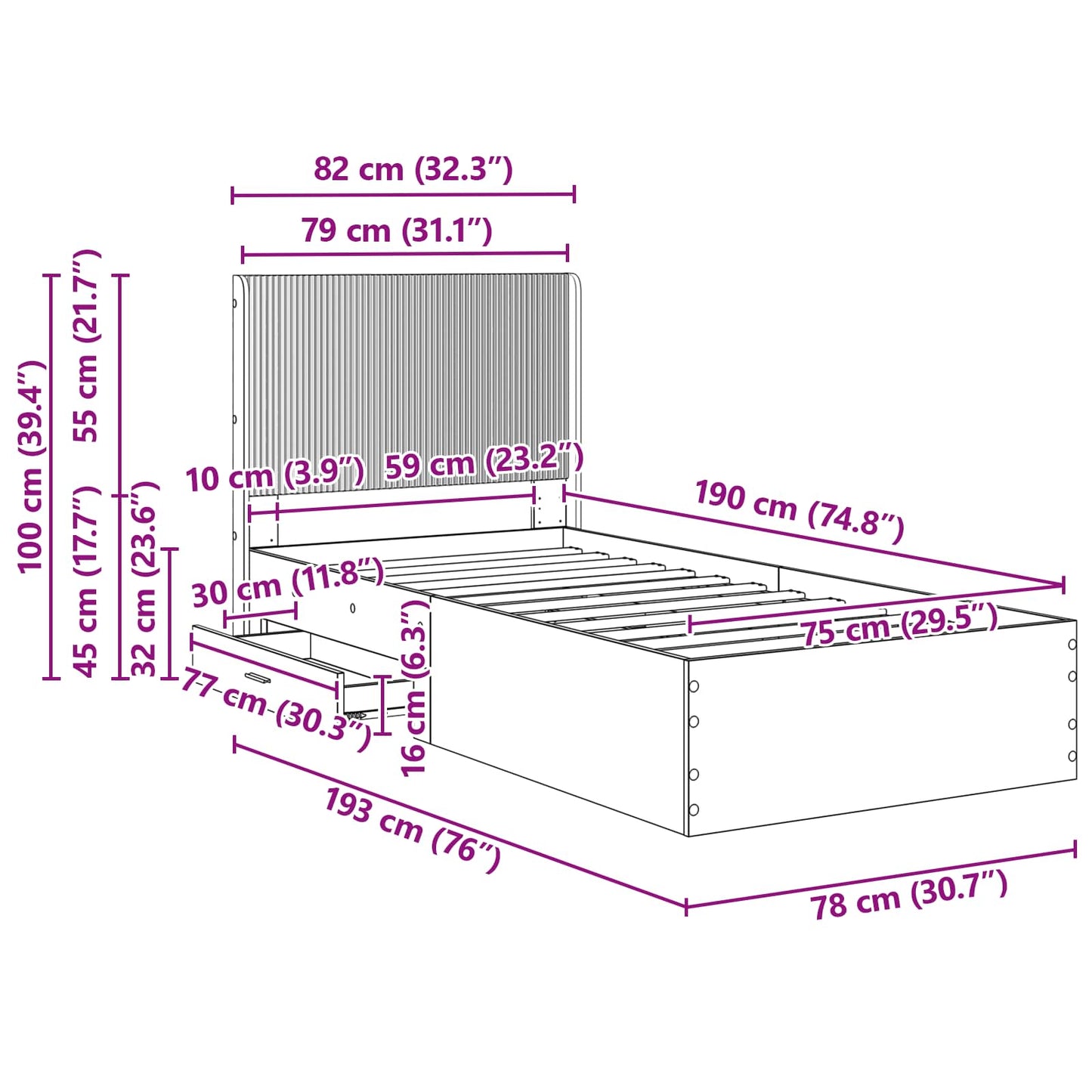 Bedframe met opbergruimte en hoofdbord Gerookt eiken