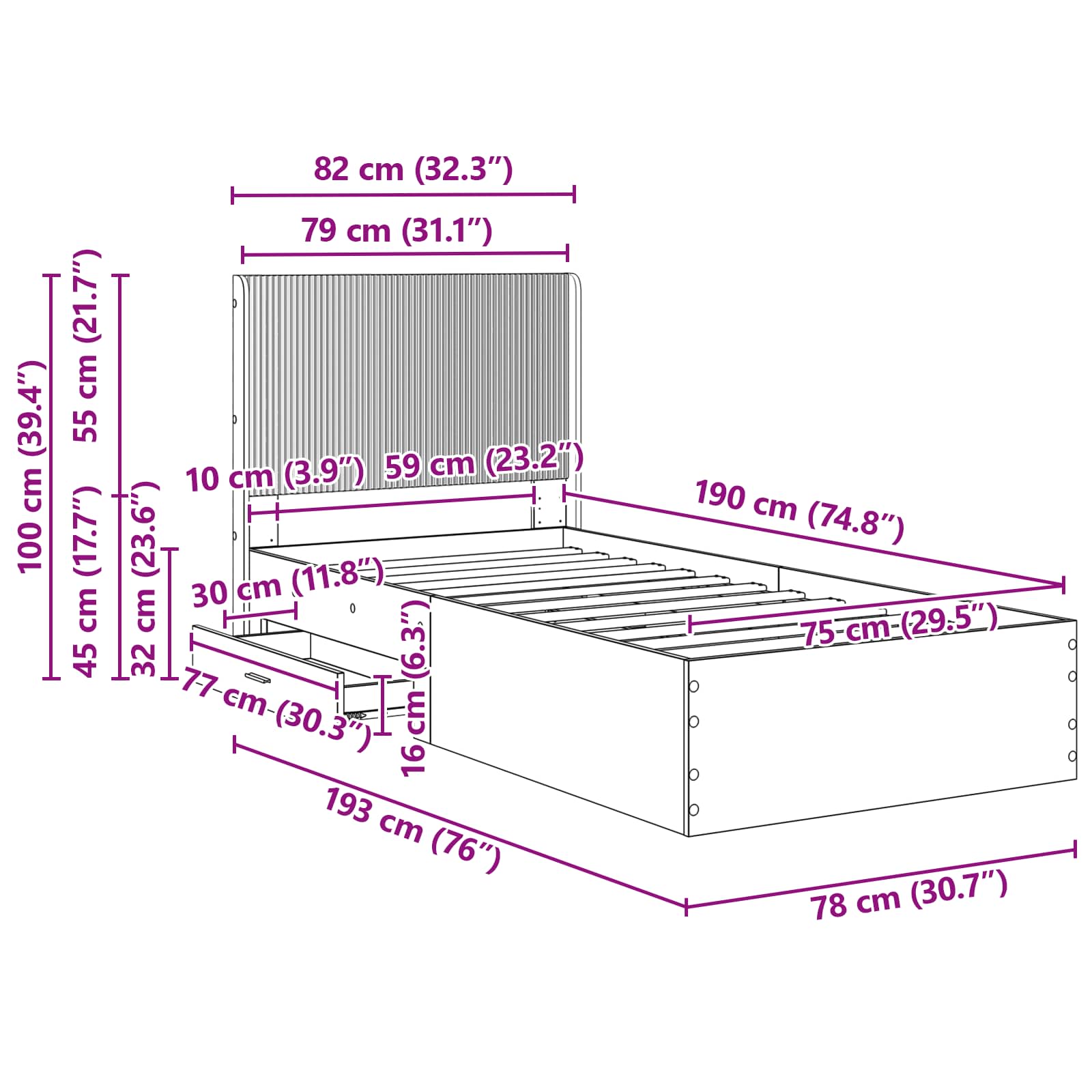 Bedframe met opbergruimte en hoofdbord Grijs Sonoma 75 x 190 cm