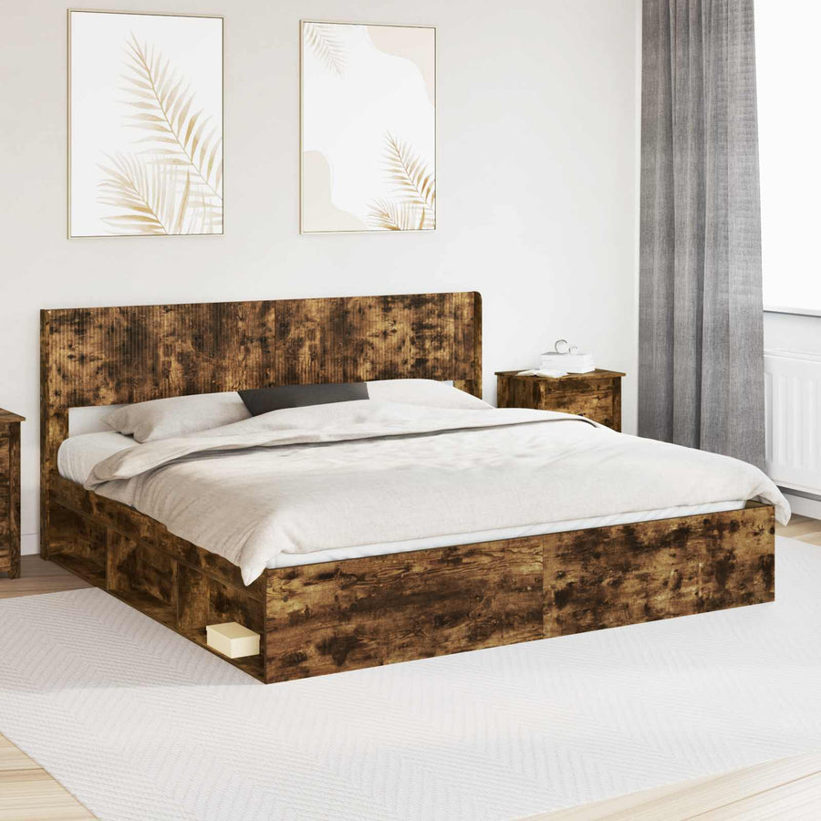Bedframe met opbergruimte en hoofdbord Gerookt eiken