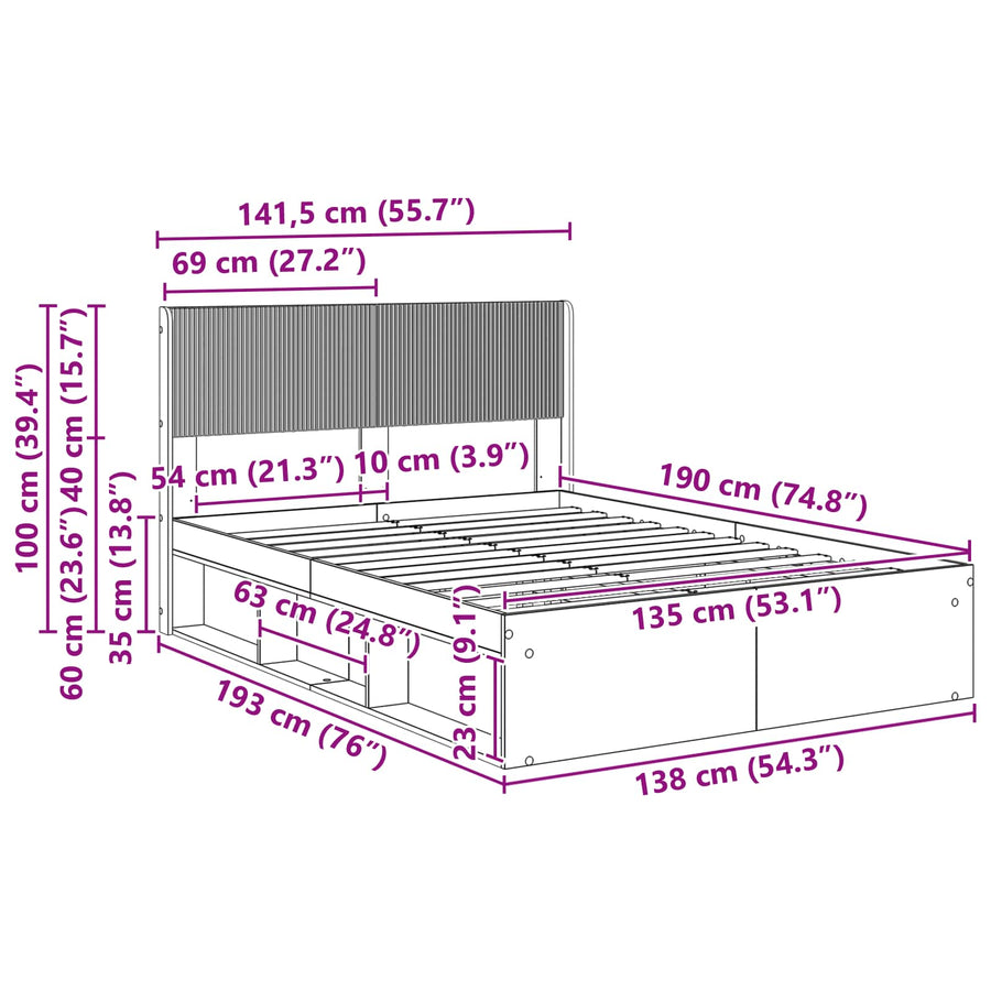 Bedframe met opbergruimte en hoofdbord Zwart 135 x 190 cm