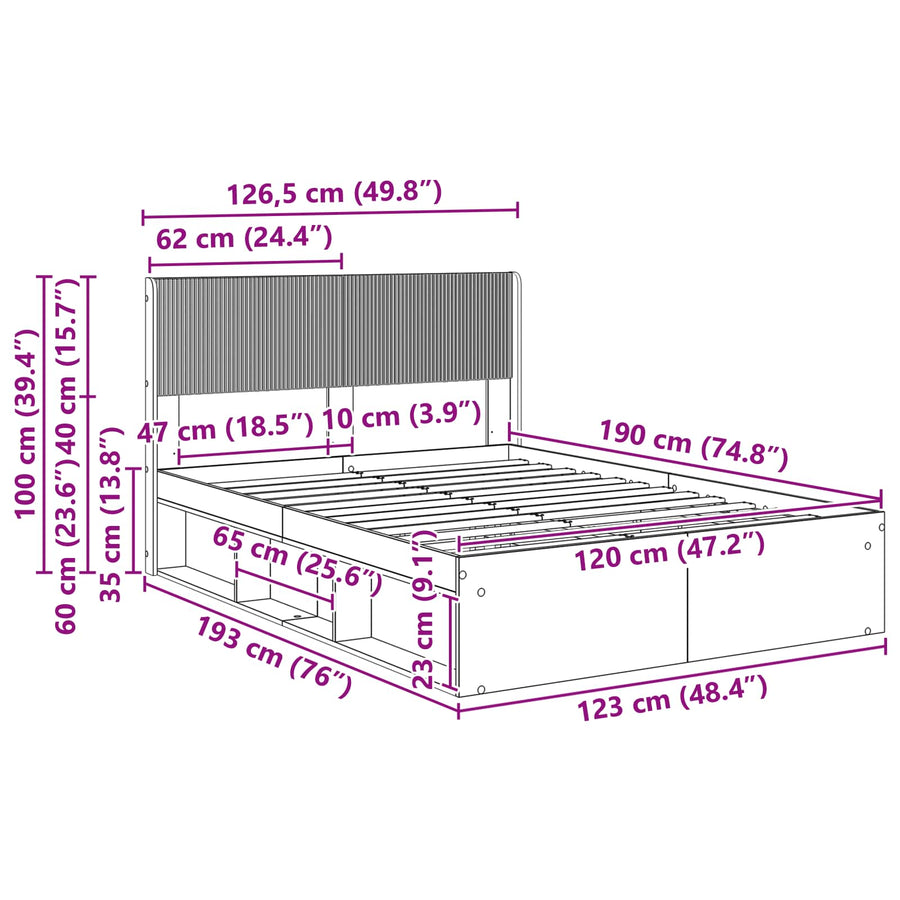 Bedframe met opbergruimte en hoofdbord Oud hout 120 x 190 cm