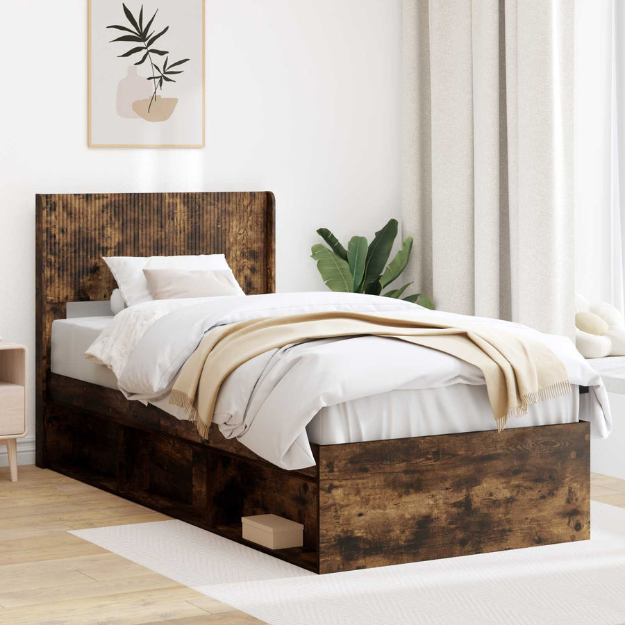 Bedframe met opbergruimte en hoofdbord Gerookt eiken