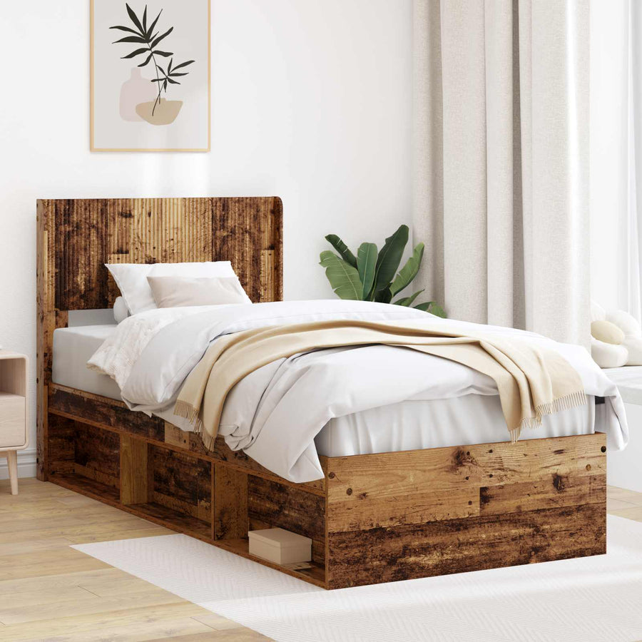 Bedframe met opbergruimte en hoofdbord Oud hout 90 x 200 cm