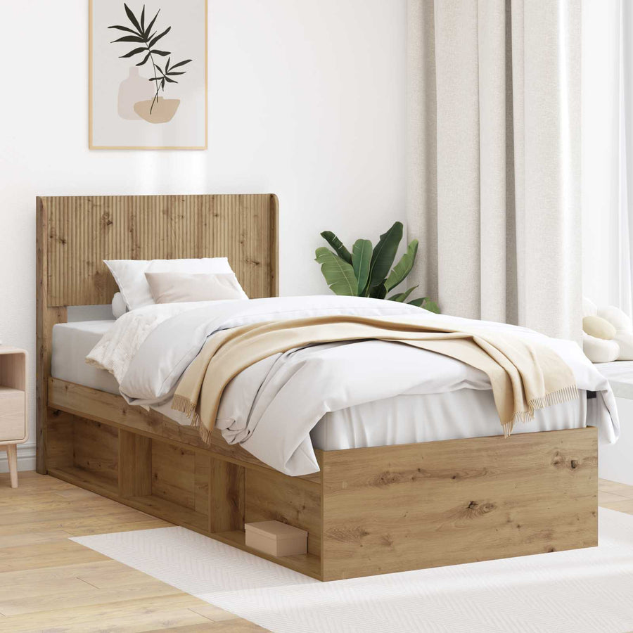 Bedframe met opbergruimte en hoofdbord Artisanaal eiken