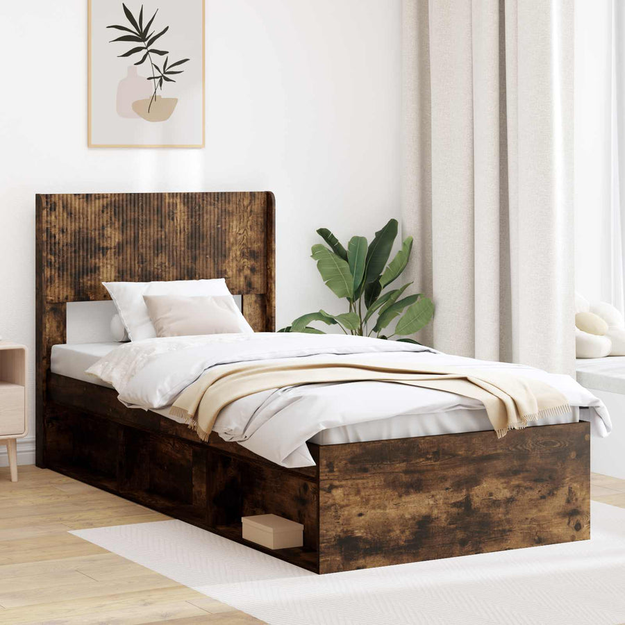 Bedframe met opbergruimte en hoofdbord Gerookt eiken