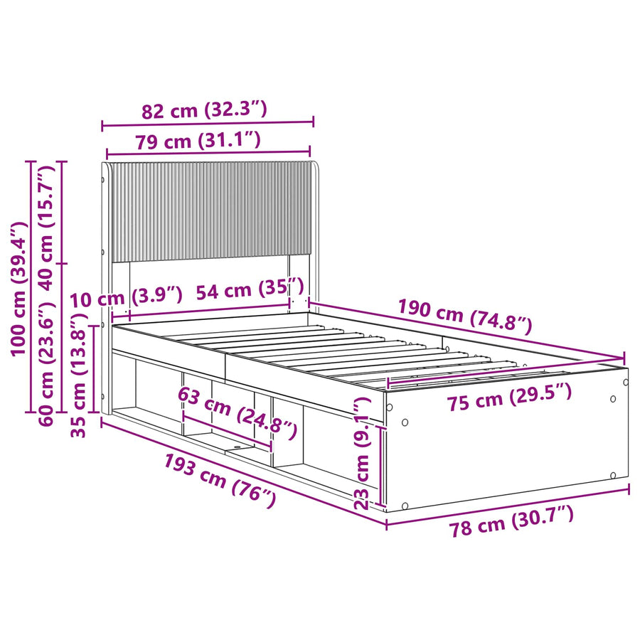 Bedframe met opbergruimte en hoofdbord Grijs Sonoma 75 x 190 cm