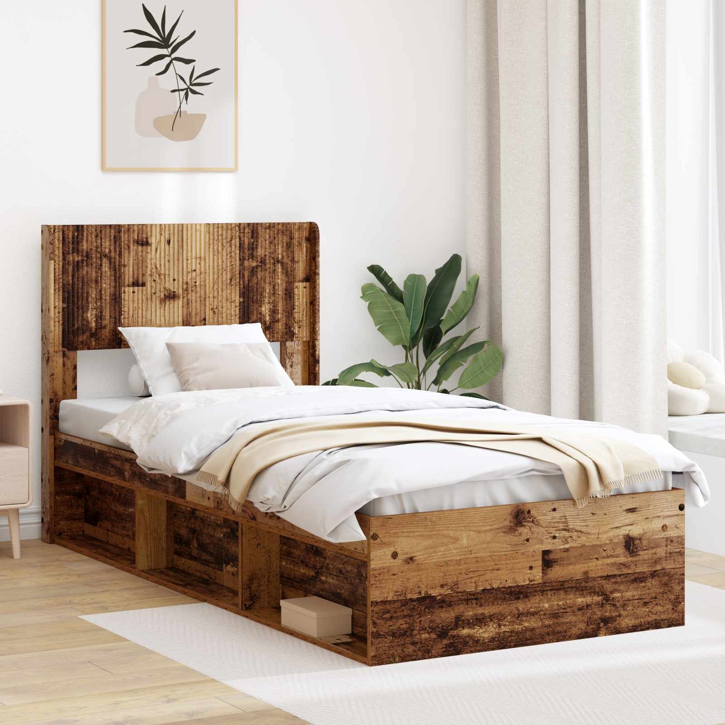 Bedframe met opbergruimte en hoofdbord Oud hout 75 x 190 cm