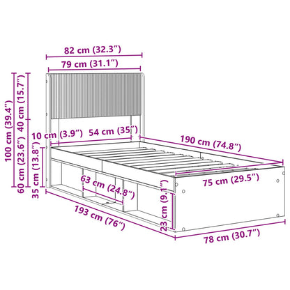 Bedframe met opbergruimte en hoofdbord Oud hout 75 x 190 cm