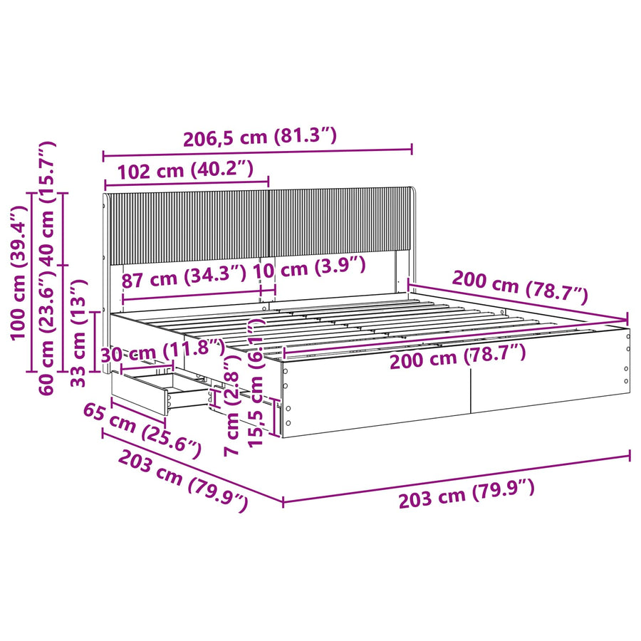 Bedframe met opbergruimte en hoofdbord met lade Sonoma Eiken